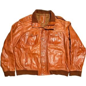 Knoles & Carter Leather Bomber Jacket Brown Cognac Quilted Lining Adult 5XL